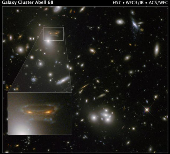 Der galaktische Cluster wurde durch eine Gravitationslinse ausgelöst und erzeugte eine optische Täuschung in Form eines Kopfes mit Augen.
