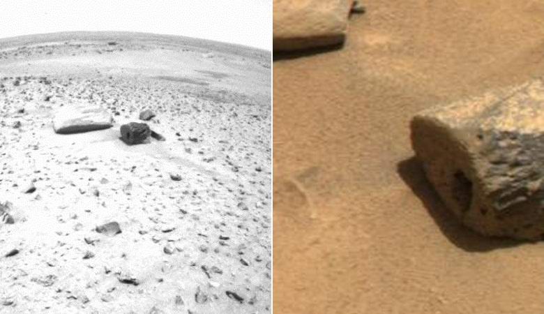 Ein Stein mit einer vollkommen flachen rechteckigen Aussparung auf dem Mars