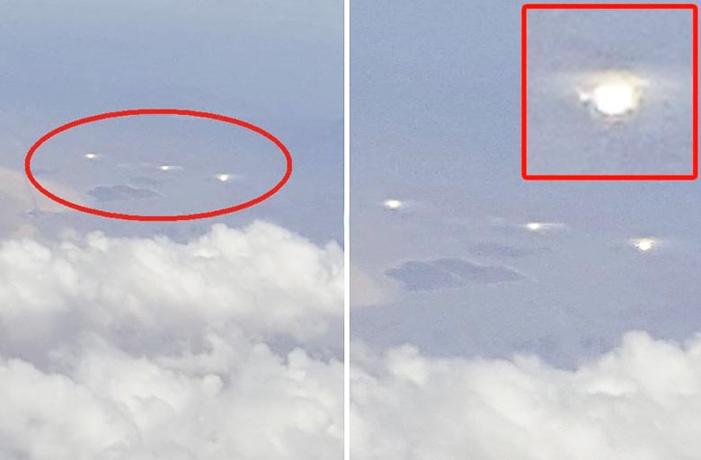 Drei leuchtende UFOs, die von Flugzeugpassagieren gesehen werden