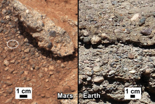 Das Bett eines ausgetrockneten Stroms auf dem Mars (links) und auf der Erde (rechts) NASA / JPL-Caltech